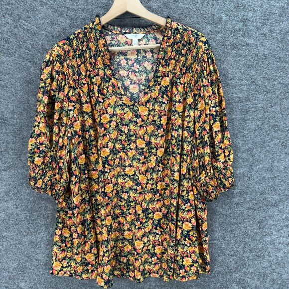 Terra & Sky Tops - Terra & Sky Blouse Women 2X Plus Black Floral V-Neck 3/4 Sleeve Rayon Casual